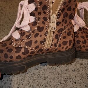 Cat & Jack Girls' Brown Leopard Print Lace-Up Boots with Pink Laces